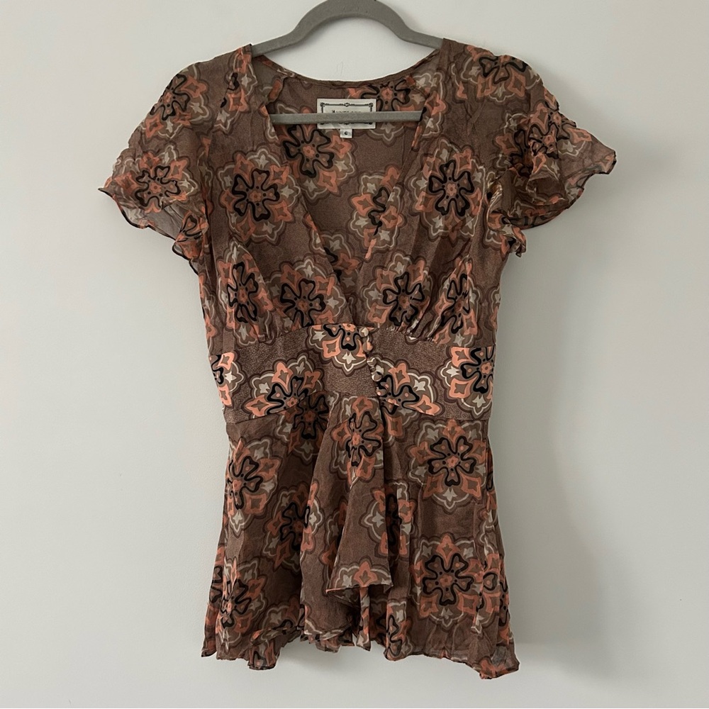 Annelore Brown Peach V Neck Ruffle Silk Y2K Cottagecore Floral Geometric Blouse